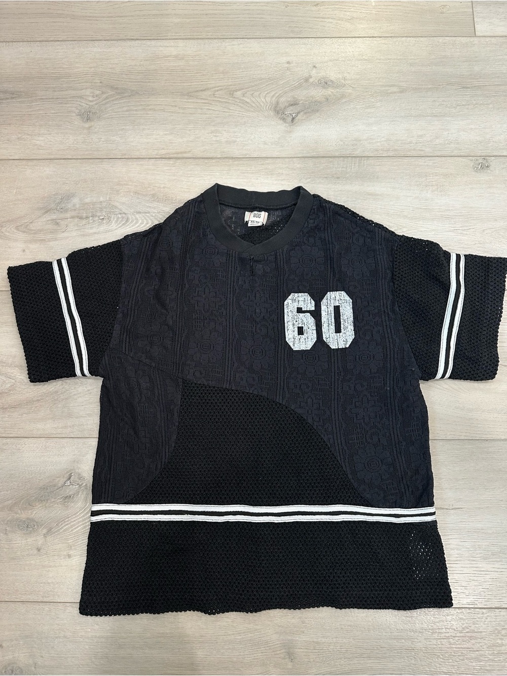 BDG Black Short Sleeve Mesh Knit Tee with White '60' Appliqué